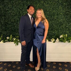 Navy satin formal gown